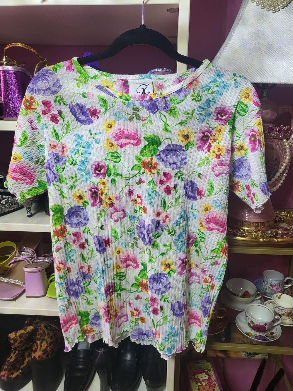 Vintage Floral Ribbed Short Sleeve Top - Multicolor